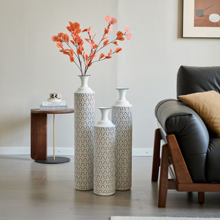 Modern Floor Vase Set Metal Vases With Geometric Pattern, 3 Piece Home Decor Set - White / Black