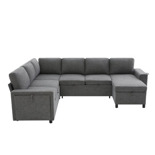 U - Shaped Convertible Sectional Sofa Bed With Storage, USB Charger & Cup Holders