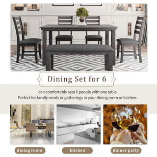 Dining Set For 6, Upholstered Chairs, Includes Table, 4 Chairs, And 2 Person Bench - Gray