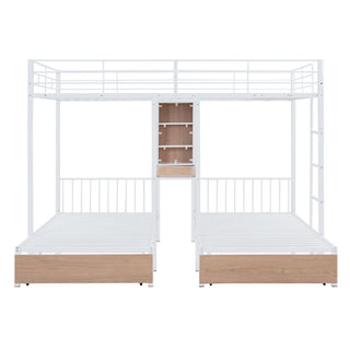 Triple Bunk Bed With Drawers, Multi-Functional Frame With Desks And Shelves In The Middle
