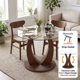 2 In 1 Round Glass Dining Table With Adjustable Curved Base, - Transparent / Walnut