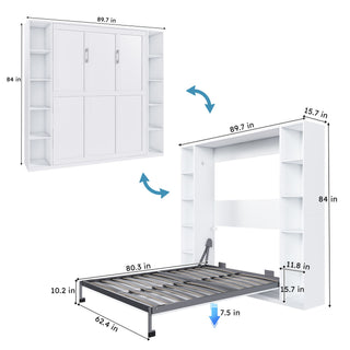 Queen Murphy Bed With Storage Cabinet, Foldable Wall Bed For Bedrooms - White