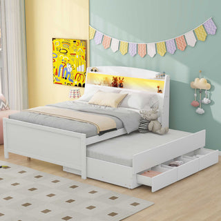 Full Size Platform Bed With Storage LED Headboard, Twin Trundle And 3 Drawers - White