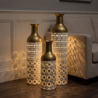 Handcrafted Cutout Hollow Tall Standing Floor Vase, Home Decor (Set of 3) - White / Gold