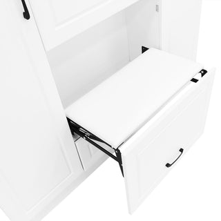 Entryway Bench With Integrated Shoe Cabinet, 3 In 1 Design And Mirrored Cabinet Door, Hall Tree With 4 Sturdy Hooks And Foldable Seat For Entrance, Living Room - White