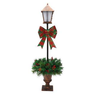 Christmas Lamp Post Decor With Plaid Bow, Artificial Outdoor Holiday Decor (Set of 2) - Brown / Bronze / Green