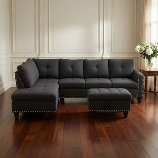 L - Shaped 3 Piece Sectional Sofa With Chaise, Storage Ottoman & Cup Holders
