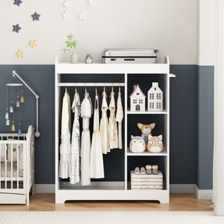 Dress Up Storage With Mirror And Hooks, Clothes Rack With Hanging Rod, 3 Side Hooks, Open Shelves, Top Shelf Organizer - White