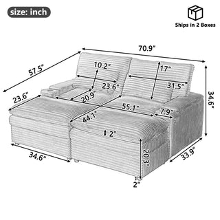 Convertible Loveseat Sofa With Storage, USB Ports, Cup Holders