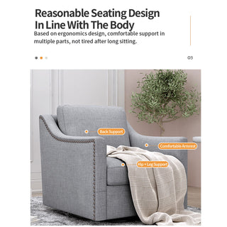 360 Degree Swivel Armchair, Skin Friendly Fabric, Ergonomic Design, Brass Nail Decorative Armchair