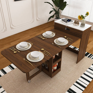 Extendable Dining Table With Power Socket, Lockable Casters, Storage Cabinet