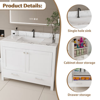 43" Bathroom Vanity With Artificial Marble Carrara Top Set, Multi Functional Cabinet With Doors And Drawer - White