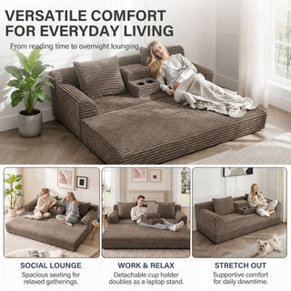 Soft Striped Convertible Sofa Bed, Dual Use Lounge Couch With Cup Holders And Pillows