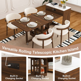 Extendable Dining Table With Power Socket, Lockable Casters, Storage Cabinet