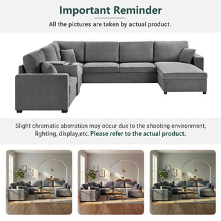 Modular 5 Seat U-Shape Sectional Sofa With Chaise Lounge, Built In Cup Holders And Storage Drawer
