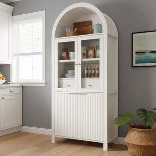 Fluted Tall Arched Pantry Cabinet With Adjustable Shelves, Glass Door & Hidden Drawer For Kitchen