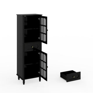 Storage Cabinet, Freestanding Curio Cabinet With Grid Doors & Drawer, Pantry Display Cabinet For Kitchen