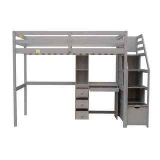 Loft Bed With Stand Alone Bed, Storage Staircase, Desk, Shelves, And Drawers