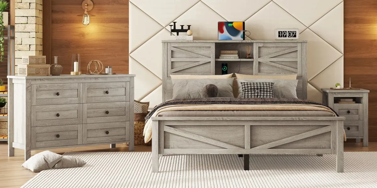 Ruston 3 Piece Bedroom Sets with Queen Size Platform Bed, Dresser, and Nighstand - Image 2